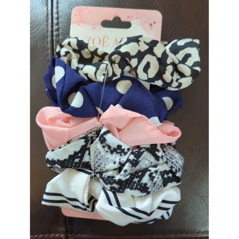 Zoe Ayla Cute Hair Scrunchies Peach Polka Dot Black & White Satin 5 Bows New